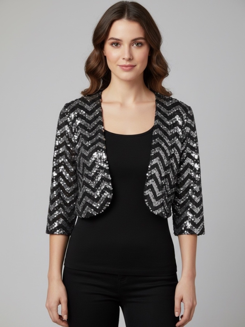 Betsey Johnson Black & Silver Sequin Zig Zag Open Front Bolero Shrug